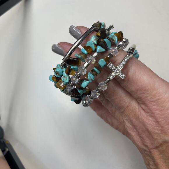 wrap bracelet silver tone setting turquoise colored stone chips w tiger's eye - Picture 1 of 9